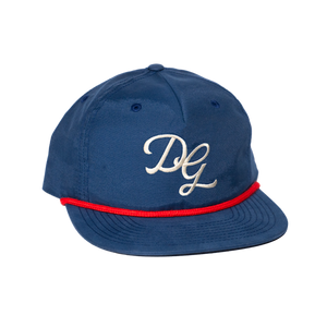 Dancing Goats navy snap back hat with red cord