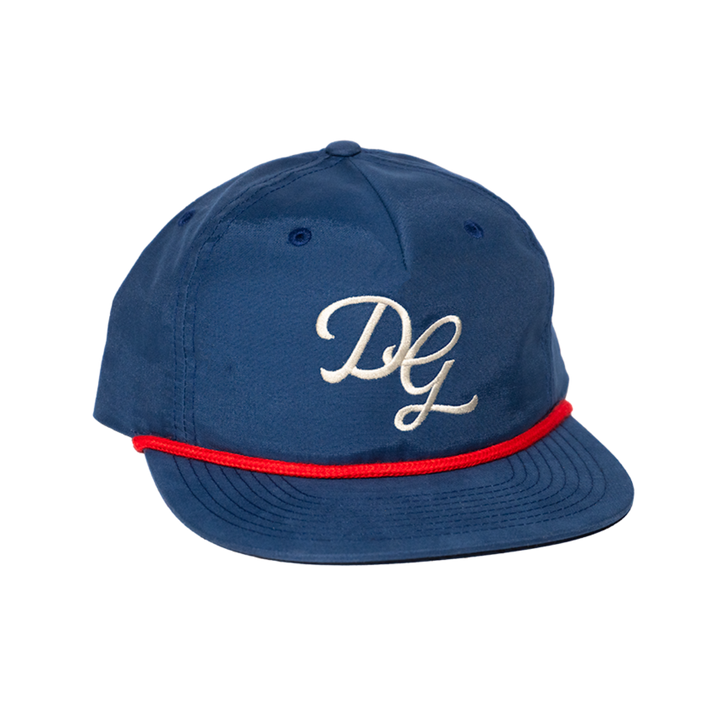 Dancing Goats navy snap back hat with red cord