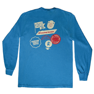 Dancing Goats bright blue long sleeve tee - back side