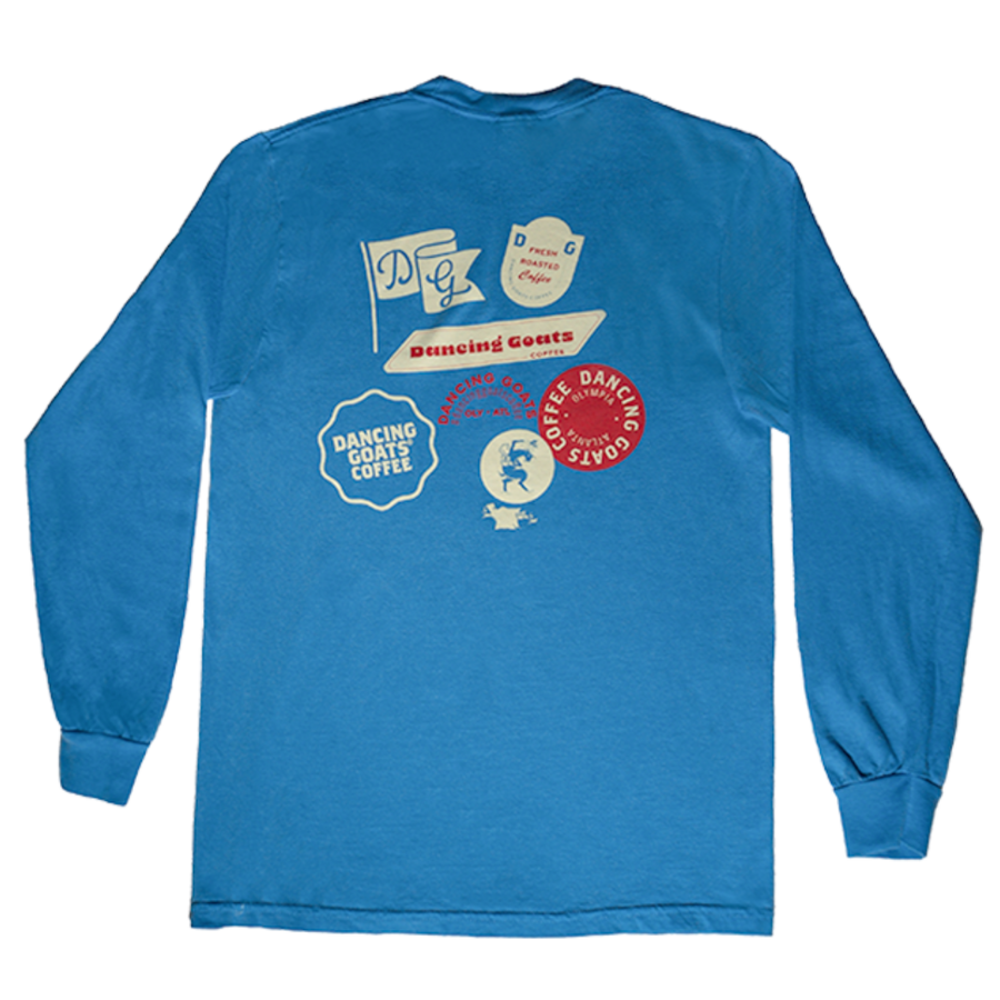 Dancing Goats bright blue long sleeve tee - back side