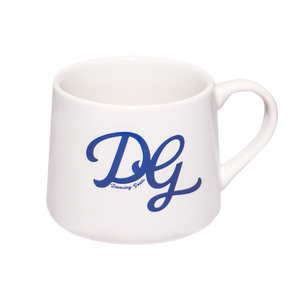 DG Dancing Goats white crescent mug - front side