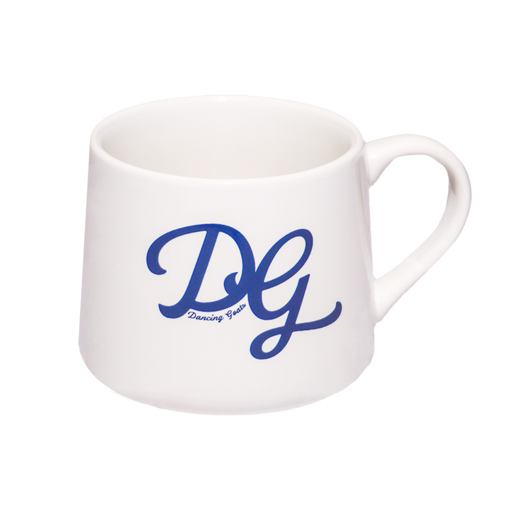 DG Dancing Goats white crescent mug - front side