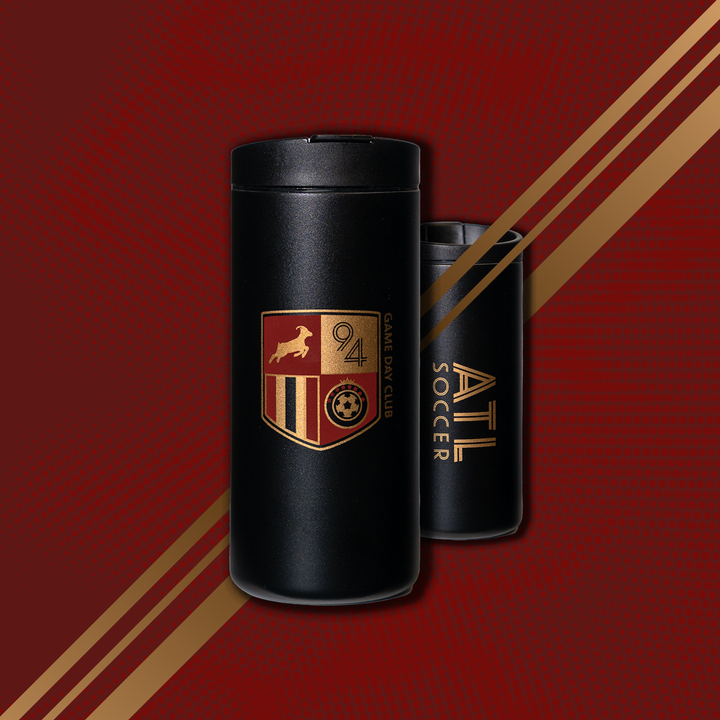 image of front and back of atlanta game day tumbler on red background